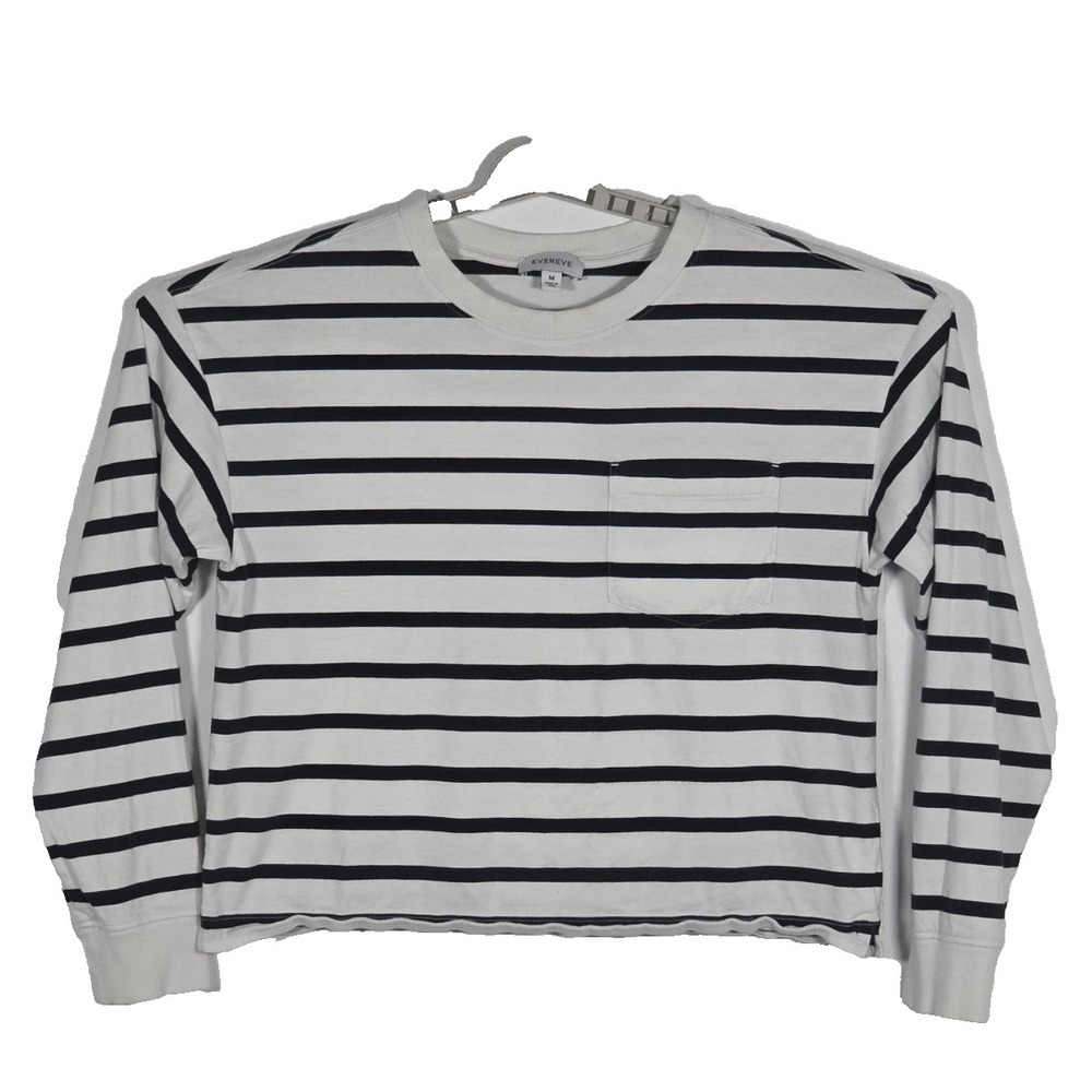 EVEREVE Womens Medium Black White Striped Long Sleeve Pocket Tee Supima Cotton